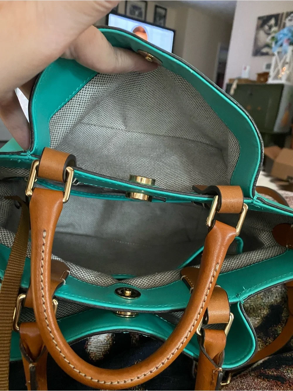 Dooney & Bourke City Barlow Teal Satchel with Tan Handles